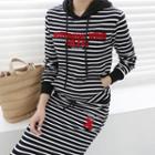 Set: Kangaroo-pocket Striped Hoodie Top + Band-waist Skirt Black - One Size