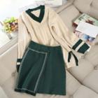 Set: V-neck Sweater + Mini A-line Skirt Set - Sweater - White - One Size / A-line Skirt - Green - One Size