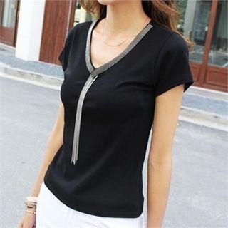 V-neck Beaded-trim Slim-fit T-shirt