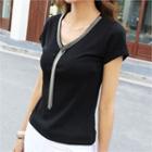 V-neck Beaded-trim Slim-fit T-shirt
