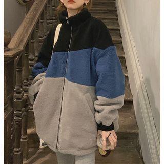 Long-sleeve Color Block Zipped Jacket As Shown In Figure - One Size