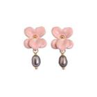 Fashion And Elegant Plated Gold Enamel Pink Flower Earrings With Imitation Pearls Golden - One Size
