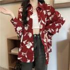 Oversized Floral Long-sleeve Shirt Red - One Size
