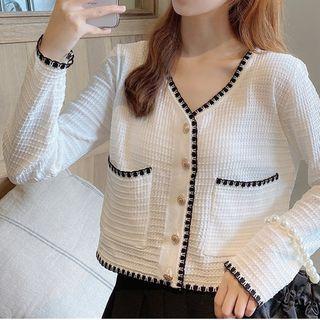 V-neck Contrast Trim Long-sleeve Knitted Top