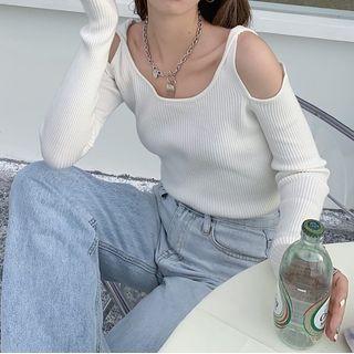 Long-sleeve Cold Shoulder Irregular Knit Top