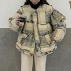 Vintage Print Long-sleeve Padded Jacket As Shown In Figure - One Size
