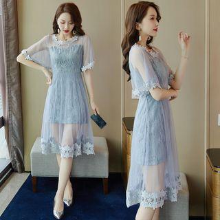 Mock Two-piece Elbow-sleeve A-line Sheer Dress