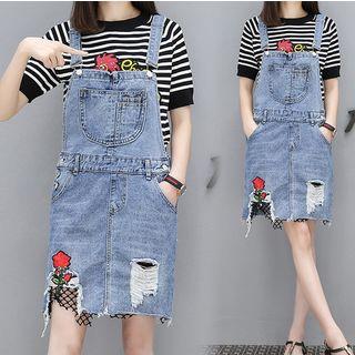 Set: Flower Embroidered Dungaree Dress + Striped Short Sleeve T-shirt