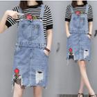 Set: Flower Embroidered Dungaree Dress + Striped Short Sleeve T-shirt