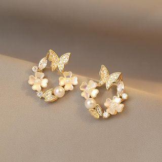 Butterfly Flower Faux Pearl Hoop Earring 1 Pair - Gold - One Size