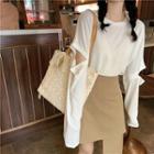 High-waist Asymmetric Plain Skirt / Long-sleeve Plain Cutout T-shirt