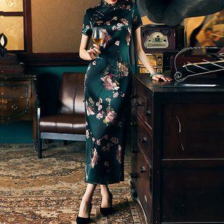 Flower Print Short-sleeve Maxi Qipao