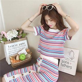 Set: Cropped Striped Knit Top + Button-front Skirt