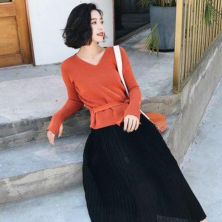 Set: V-neck Sweater + Midi H-line Skirt