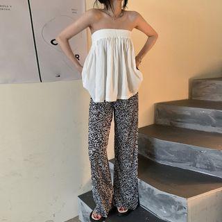Plain Strapless Top / Leopard Print Wide-leg Pants