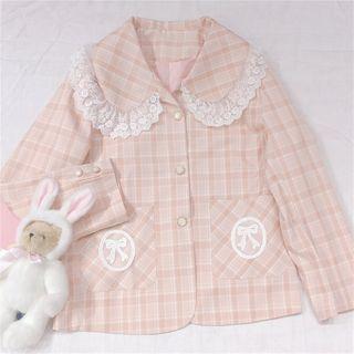 Plaid Lace Trim Button Jacket