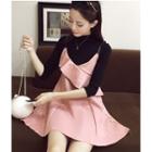 Set: Mock Neck Long-sleeve T-shirt + Ruffle Faux Suede Strappy Dress