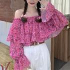 Long-sleeve Off-shoulder Floral Ruffle Top Pink - One Size