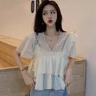 Lace Trim Ruffle Short-sleeve Blouse As Shown In Figure - One Size