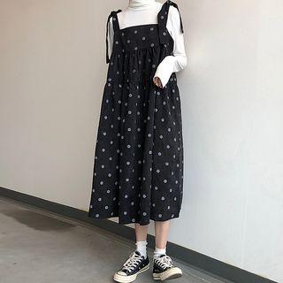 Dotted Corduroy Midi Pinafore Dress / Long-sleeve Top / Set