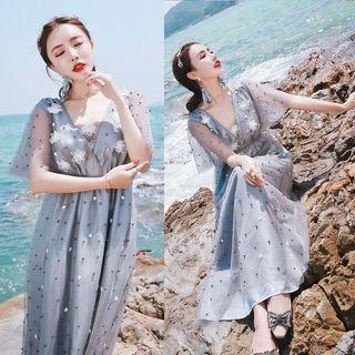 V-neck Tulle Panel Beaded Midi Dress