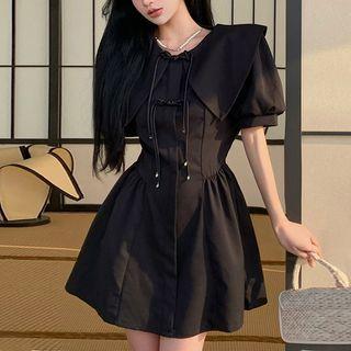 Short-sleeve Collar Frog-button Mini A-line Dress