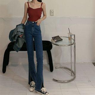High-waist Slit-side Straight-cut Pants