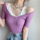 Two-tone Panel Cold-shoulder Short-sleeve Knit Top