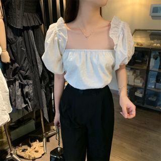 Puff-sleeve Ruffle Trim Top White - One Size