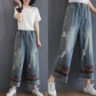 Embroidered Distressed Cropped Wide-leg Jeans