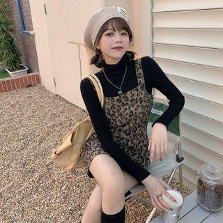 Long-sleeve Knit Top / Leopard Print Mini Overall Dress