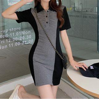Short-sleeve Polo Neck Two-tone Sheath Dress (various Designs)