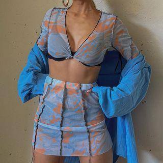 Set: Long-sleeve Print Twist Crop Top + Mini Pencil Skirt