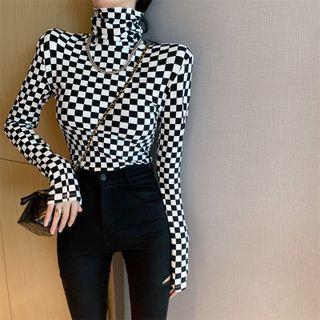 Long Sleeve Turtleneck Check Top