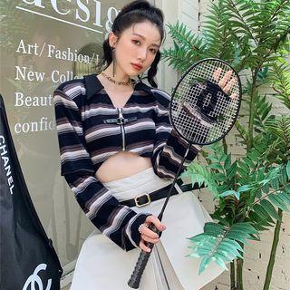 Long-sleeve Striped Zip Crop Top / Mini A-line Skirt