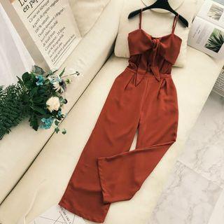 Bow Accent Spaghetti Strap Wide Leg Jumpsuit