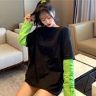 Mock Two-piece Letter Embroidered Long-sleeve Cropped T-shirt