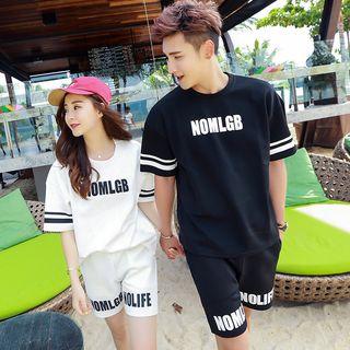 Couple Matching Set: Letter Neoprene Short-sleeve T-shirt + Shorts