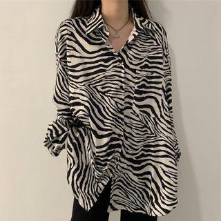 Zebra Print Shirt / High-waist Straight Leg Pants