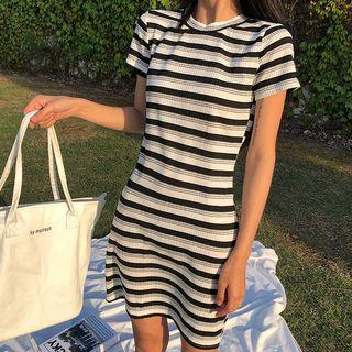 Striped Short-sleeve Sheath Knit Dress