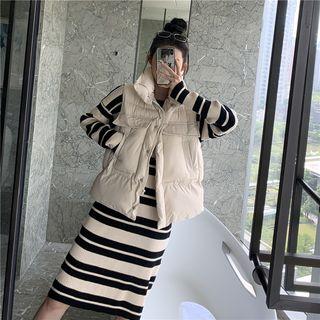 Padded Buttoned Vest / Long-sleeve Striped Midi Shift Knit Dress