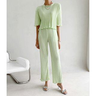 Set: Pleated Cropped Top + Band-waist Pants