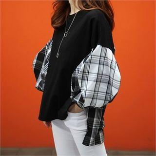 Balloon-sleeve Plaid-panel Top