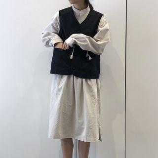 Long-sleeve Plain Midi Dress / Tie-waist Vest