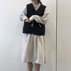 Long-sleeve Plain Midi Dress / Tie-waist Vest