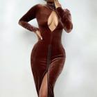 Long-sleeve Half Zip-up Velvet Cutout Bodycon Dress