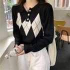 Long-sleeve Argyle Polo Sweater Black - One Size