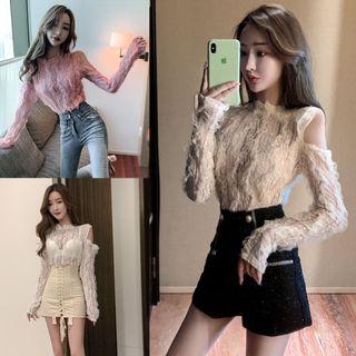 Cutout Shoulder Lace Long-sleeve Top / Lace-up A-line Skirt / Wide-leg Shorts
