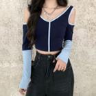 Two-tone Cold-shoulder Cropped T-shirt