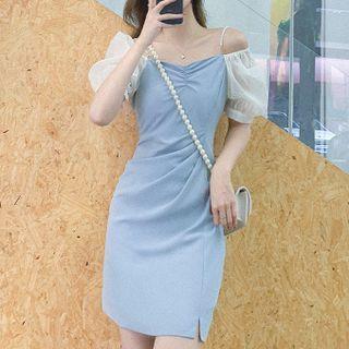 V-neck Panel Puff-sleeve Dress